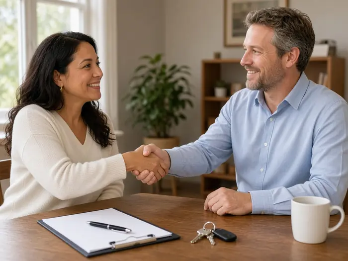 Homeowner and buyer shaking hands at closing with keys on the table