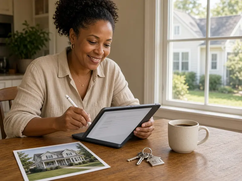 Homeowner filling out a house-selling form on a tablet with house keys on the table