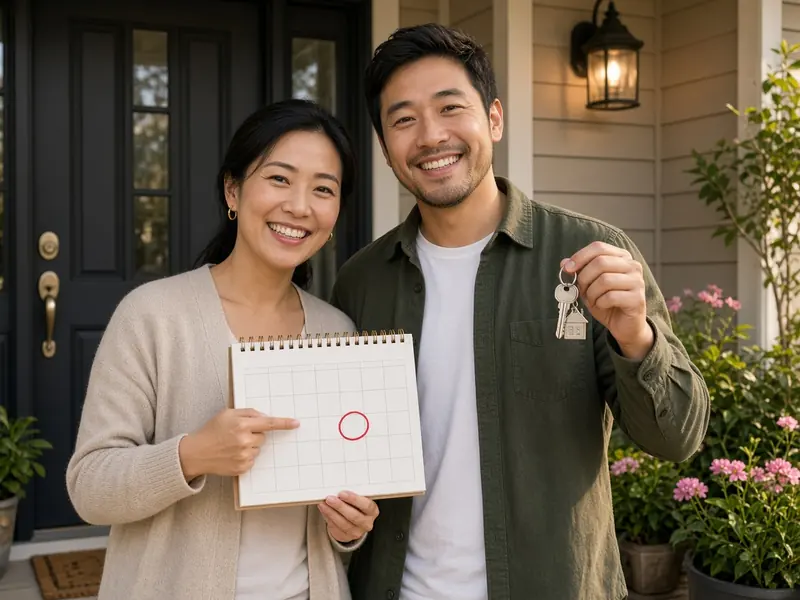 Happy couple pointing to a circled closing date on a calendar and holding house keys